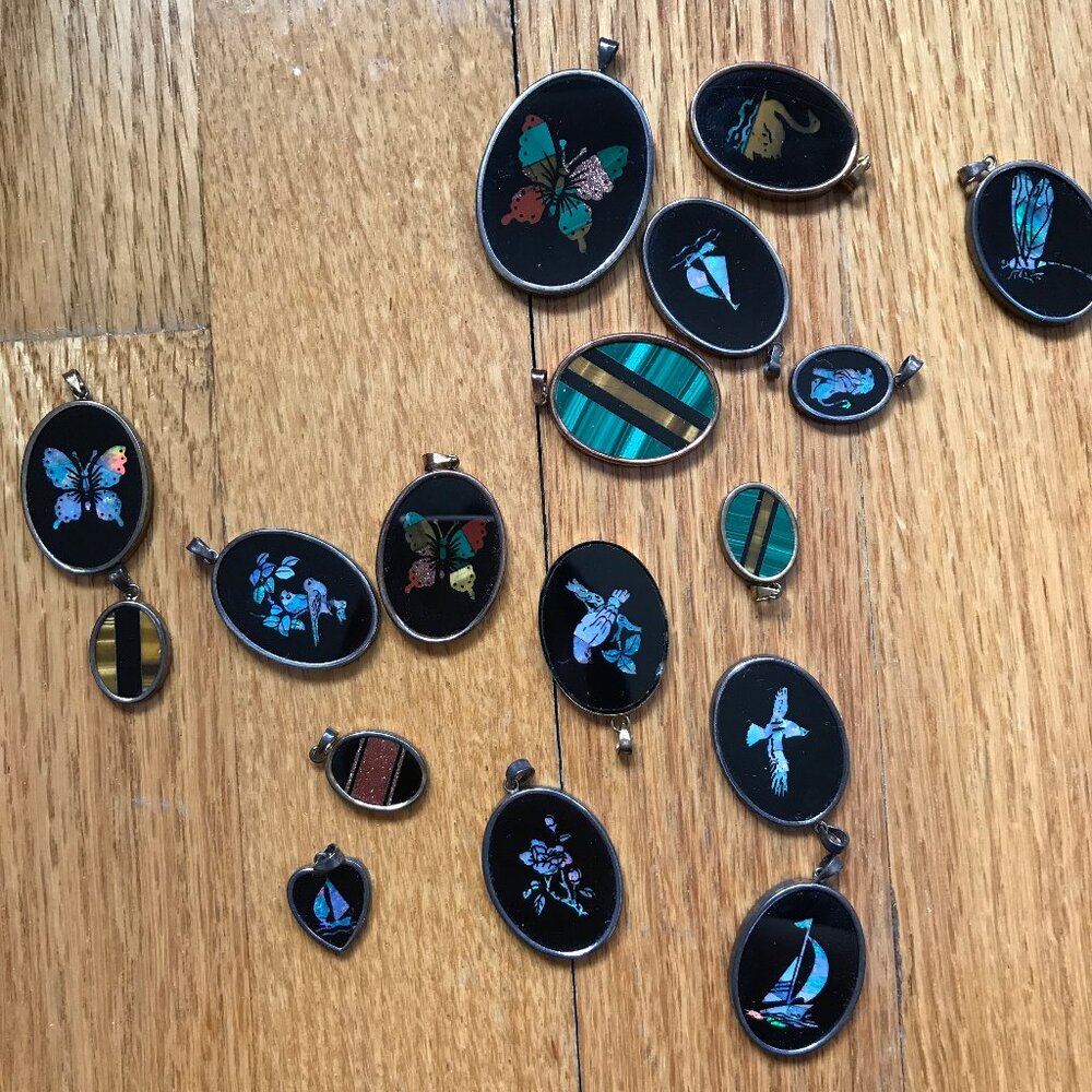 black Pendants with opal and malachite inlay and set in sterling silver bezel